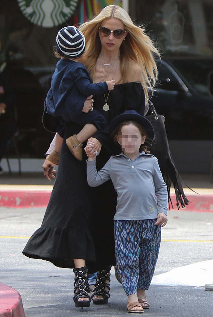 Rachel Zoe donned an off-the-shoulder black maxi dress