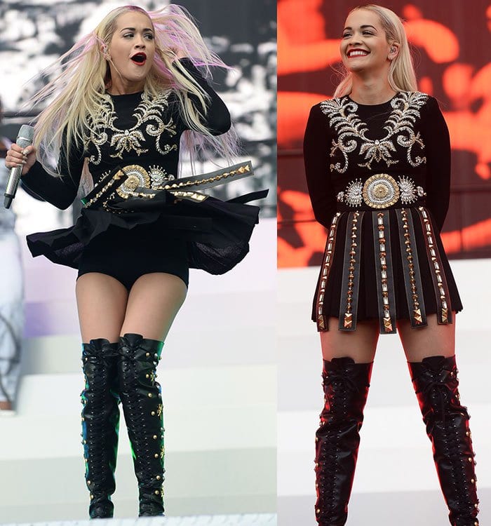 Rita Ora in gladiator-style Fausto Puglisi dress and boots at BBC Radio 1’s Big Weekend