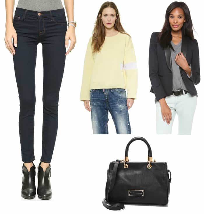 J Brand 811 Mid Rise Skinny Jeans, $158.00 / MM6 Techno Rib Pullover, $395.00 / James Jeans Ponte Combo Blazer, $273.00 / Marc by Marc Jacobs Too Hot To Handle Satchel, $398.00