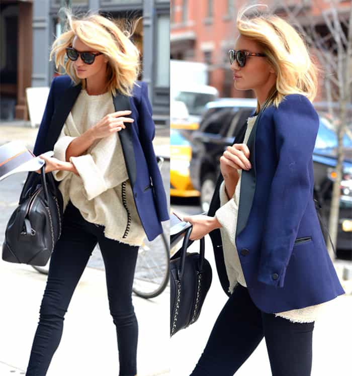 Rosie Huntington-Whiteley was seen sporting an Isabel Marant Blanket Stitch Elmy top paired with Paige Verdugo jeans, an Isabel Marant Lahore wool blazer, Saint Laurent Paris heeled cowboy ankle boots, and carrying a Givenchy accented Lucrezia bag returning to her hotel in New York City