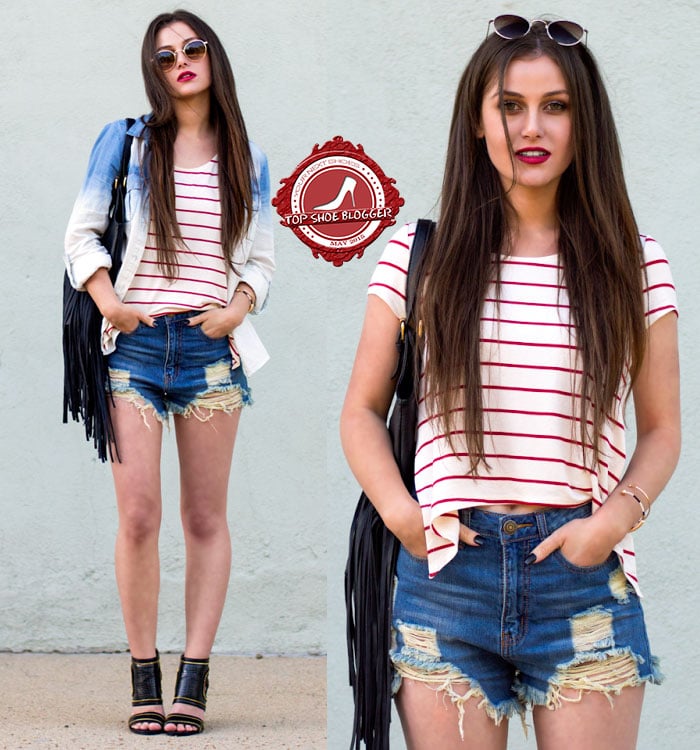 Shelly looks amazing in denim cutoffs with a striped shirt