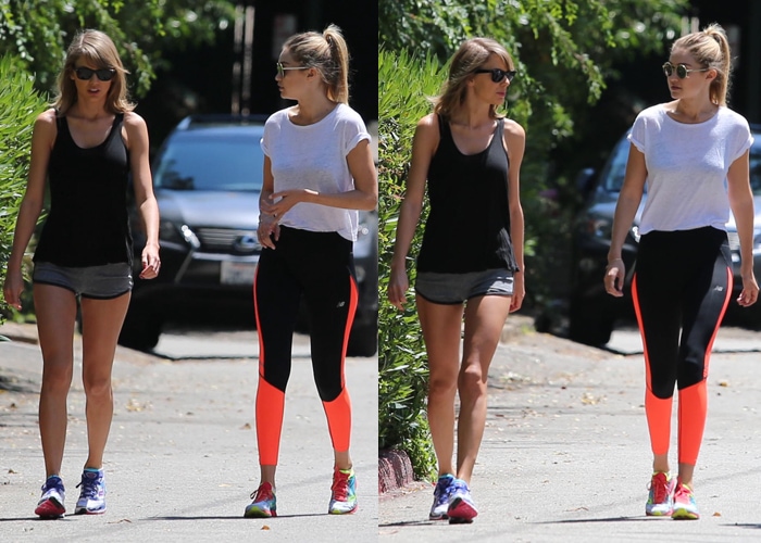 Gigi Hadid and Taylor Swift, both standing at 5'9¼", enjoy a stylish hike together in coordinated sporty-chic outfits