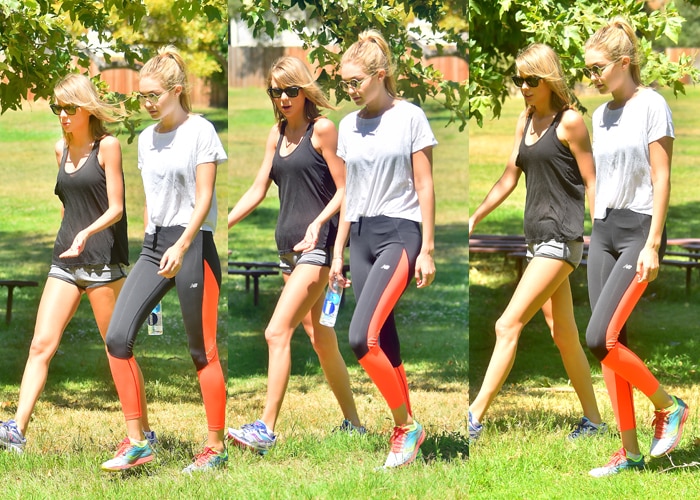 Taylor Swift and Gigi Hadid on a hike together on Mother's Day in Franklin Canyon Park, Los Angeles, on May 10, 2015