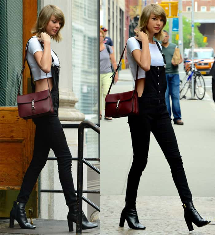 Taylor Swift was seen in New York City on May 28, 2015, wearing a Topshop skinny rib crop tee, Tinseltown denim overalls, Topshop Magnum heeled boots, Westward Leaning Pioneer 5 sunglasses in golden ochre, and carrying a Gucci Jackie soft leather convertible wallet in bordeaux