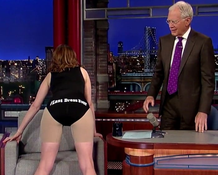 Tina Fey revealed her Spanx and a bodysuit emblazoned with the words "Bye Dave" and "Last Dress Ever"