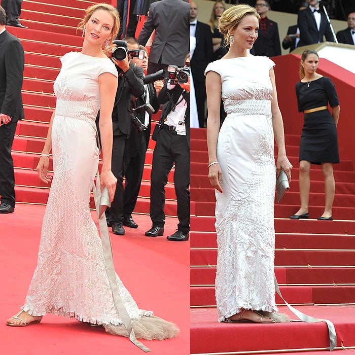 Uma Thurman floated down the 2011 Cannes Film Festival red carpet in a Chanel Fall 2008 couture cap-sleeve gown and Jimmy Choo "Fiona" flat sandals