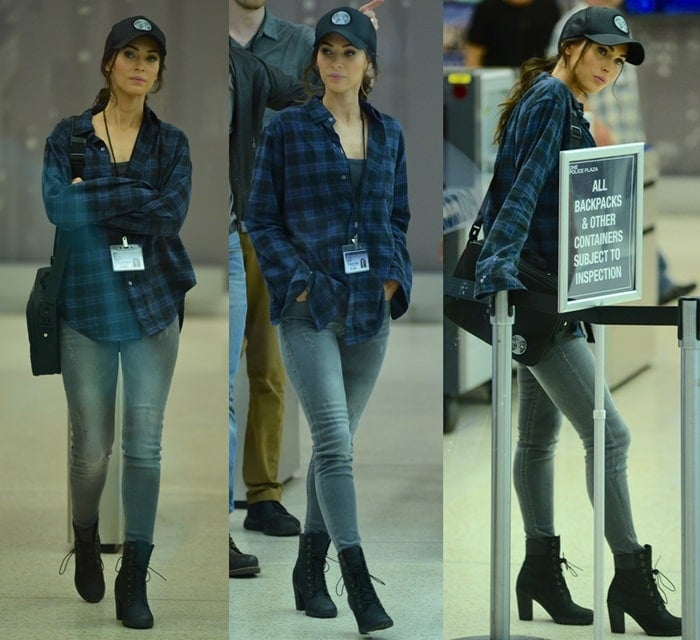 Megan Fox rocks gray skinny jeans with a checkered blue flannel