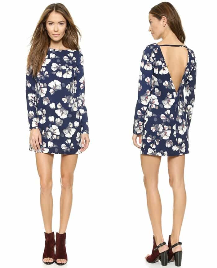 re:named Long-Sleeve Floral Shift Dress in Navy