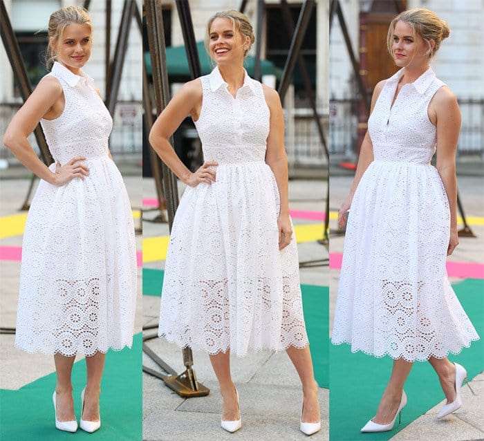 Alice Eve looks lovely in a fit-and-flare white lace shirtdress paired with white pumps at the Royal Academy Summer Exhibition VIP preview in London