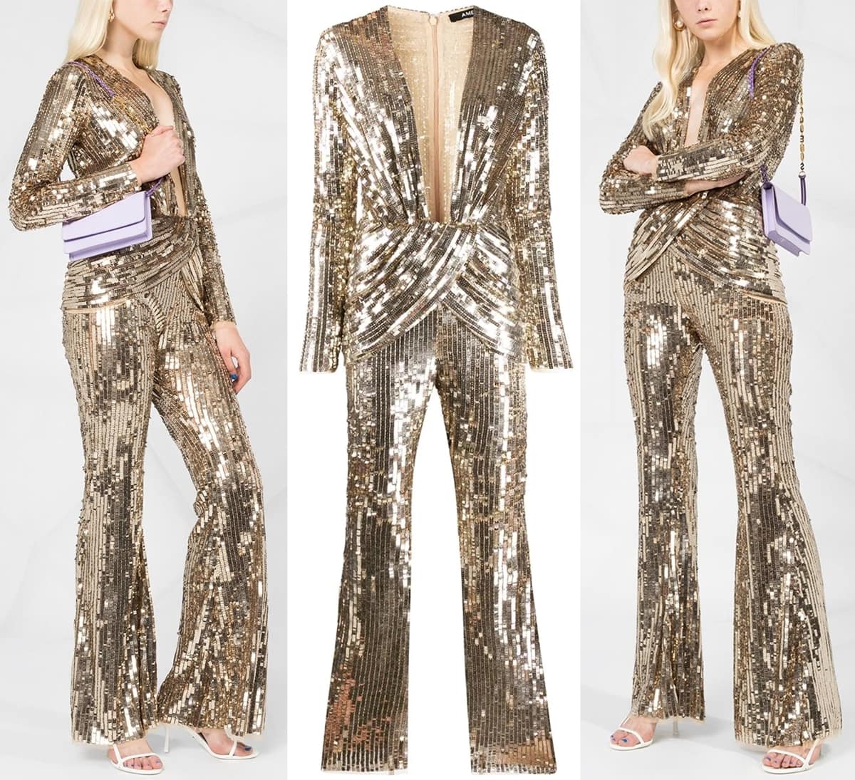 Halle Berry's gold-tone jumpsuit from Amen featuring a plunge style, a v-neck, long sleeves, a wide leg, a wraparound draped style at the mid-section, and all-over embellishment