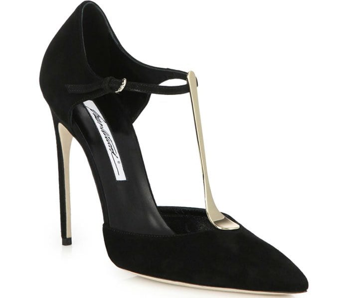 Brian Atwood "Astral" Suede Metal T-Strap Pumps in Black