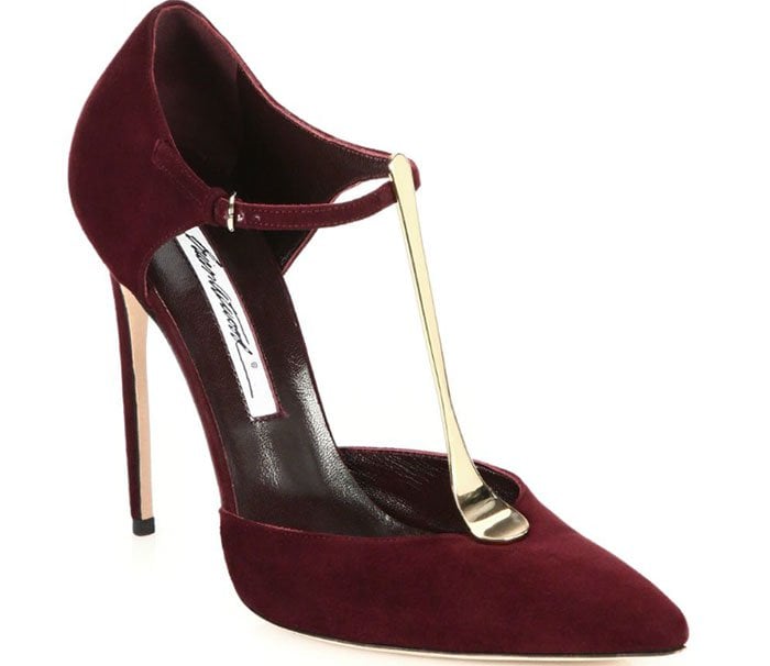 Brian Atwood "Astral" Suede Metal T-Strap Pumps in Bordeaux