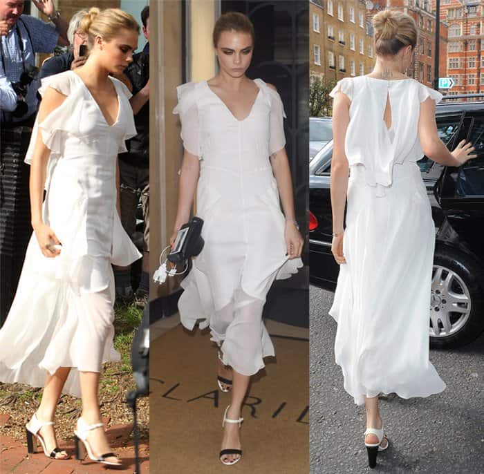Cara Delevingne opted for a simple and elegant look, donning a white Chanel dress with frill details that resembled a cape from the back at the wedding of her sister Poppy