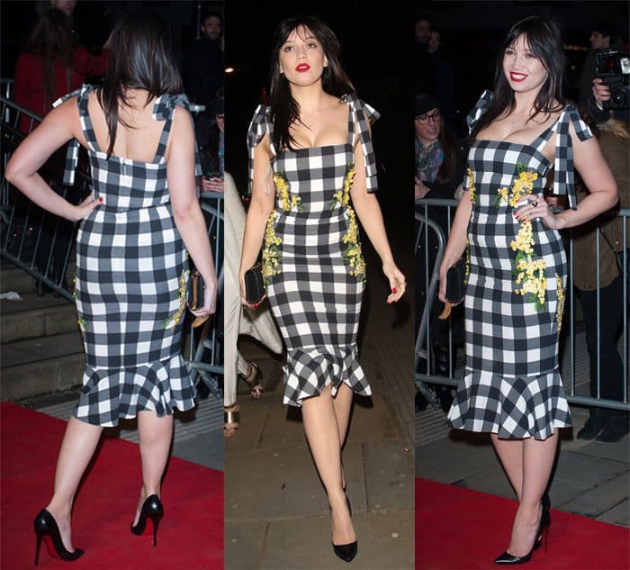 Daisy Lowe oozed sexiness in a form-fitting floral and gingham Dolce & Gabbana dress