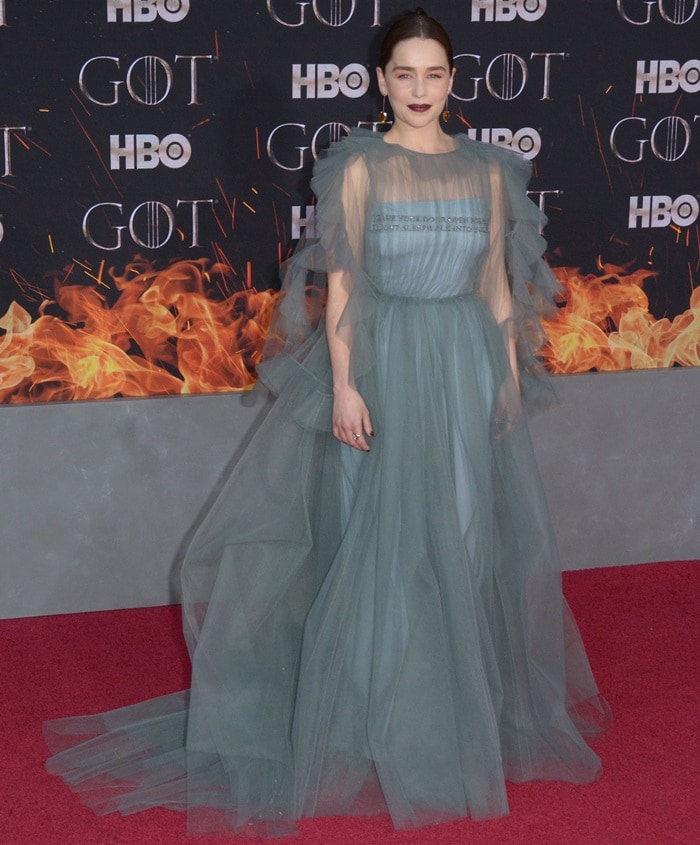 Emilia Clarke wears a show-stopping grey aquamarine Valentino dress at the Game of Thrones Season 8 premiere