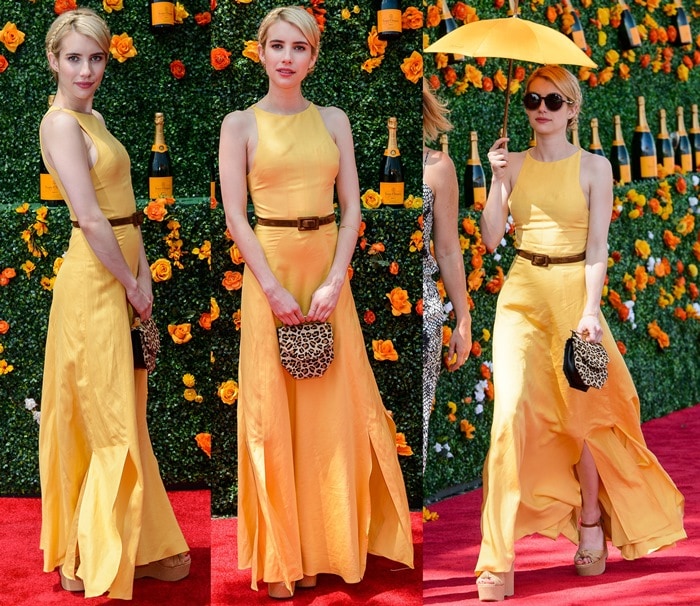 Emma Roberts styled her bright yellow gown from Christine Alcalay's Spring 2015 collection with a Ralph Lauren belt, Jennifer Meyer jewelry, an M2Malletier 'Mini Amor Fati' leopard shoulder bag, and Michael Kors 'Benji' natural straw wedge sandals