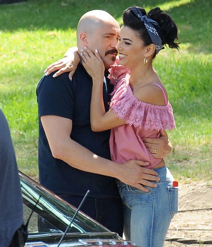 Eva Longoria filming a scene for Lowriders with Demian Bichir