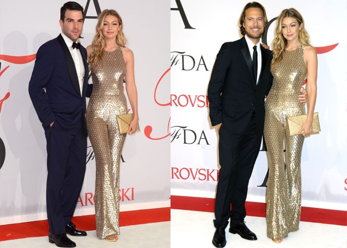 Gigi Hadid posing with American actor Zachary Quinto and Michael Kors' husband Lance LePere