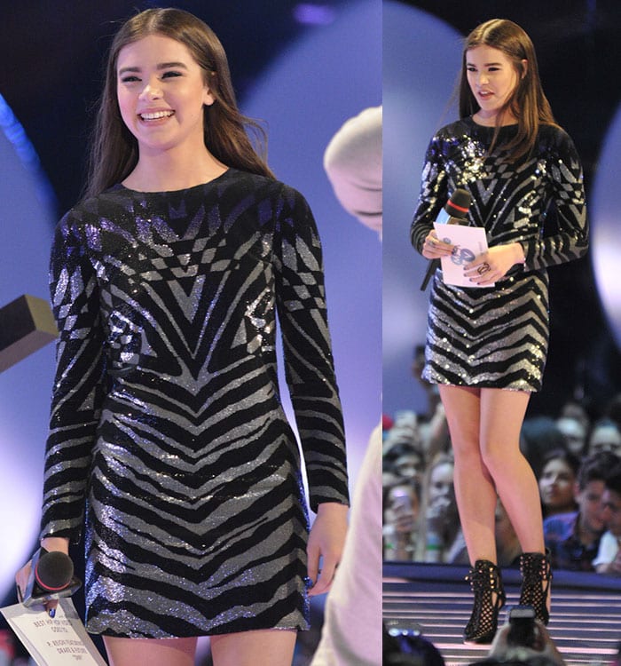 Hailee Steinfeld looked sexy in a dress with long sleeves and black-and-silver micro-sequins