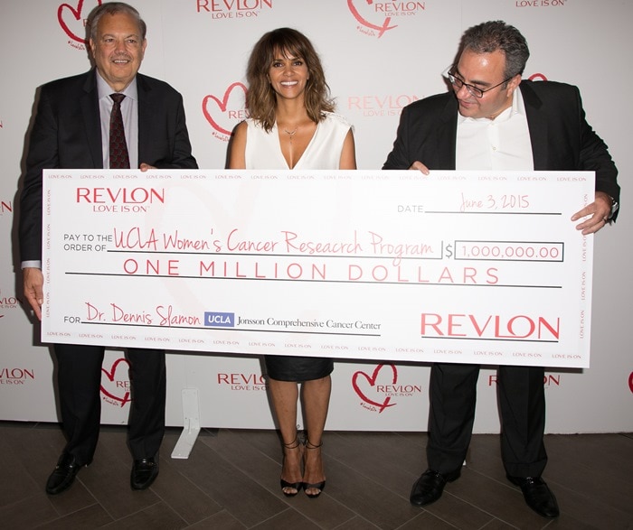 Halle Berry and Revlon executives Dr. Dennis J. Slamon and Lorenzo Delpani presented a $1 million donation to UCLA Women's Cancer Research Program