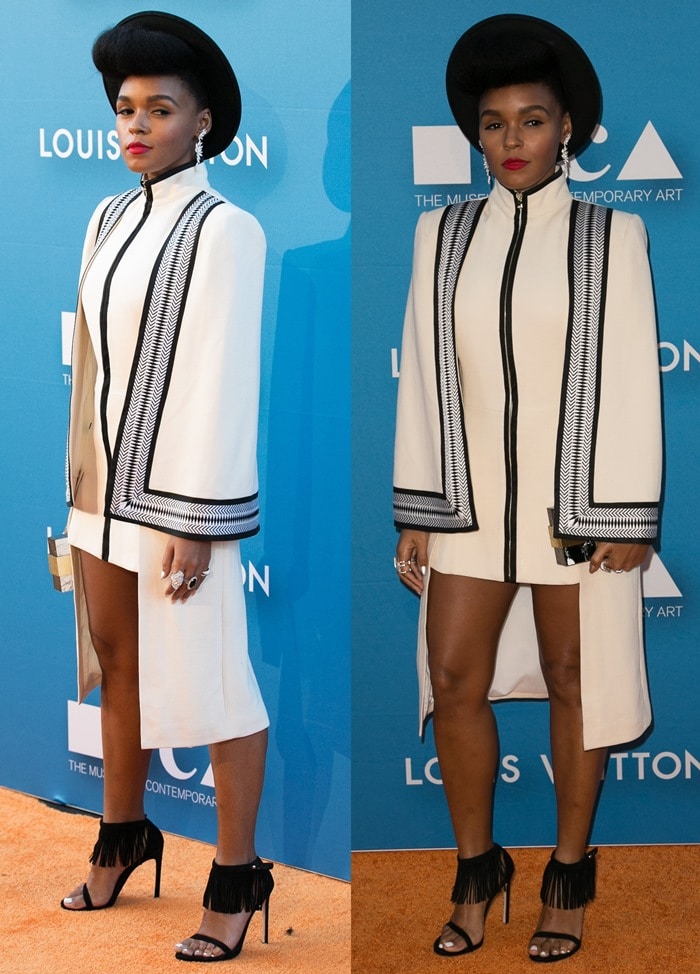 Janelle Monáe Robinson flashed her legs in an embroidered Sass & Bide caped dress