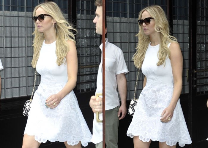 Jennifer Lawrence in a stunning white laser cut Antonio Berardi dress