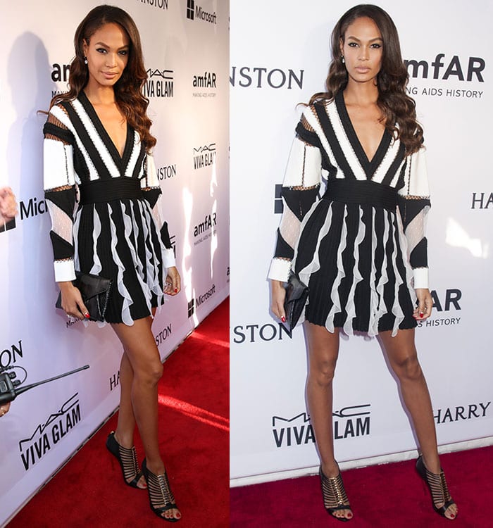 Joan Smalls' Long Legs in Sexy Striped Mini Dress and Cage Sandals