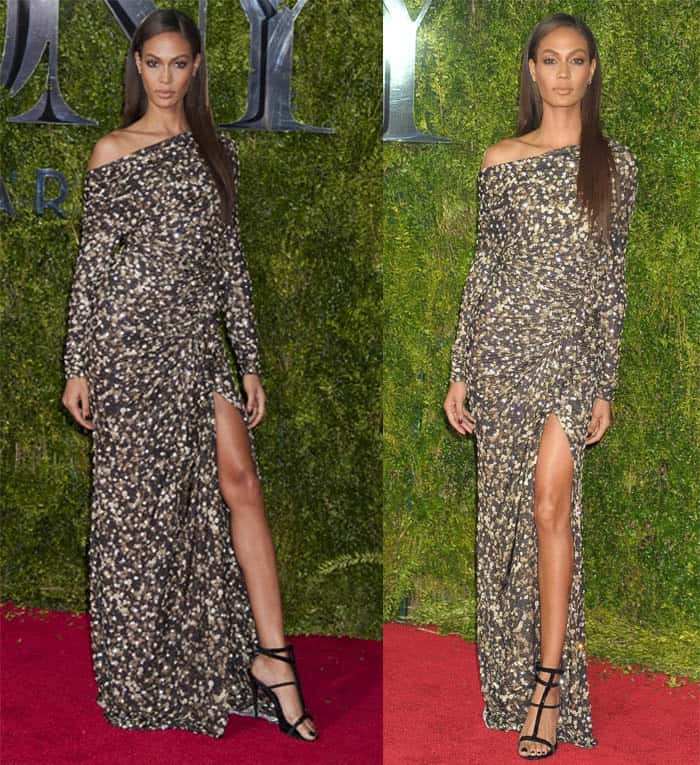 Joan Smalls made a stylish appearance in a long-sleeved dress by Givenchy featuring an asymmetrical neckline at the American Theatre Wing’s 69th Annual Tony Awards