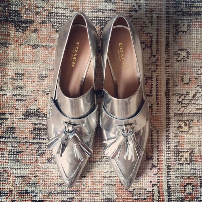 Kate Bosworth uploads a photo of her Coach silver tasseled kitten heels in her excitement for the High Line Party