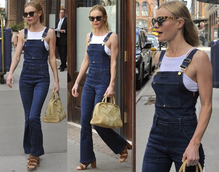 Kate Bosworth steps out of her New York City hotel in Frame Denim 'Le High' flare overalls, mixing vintage vibes with contemporary style