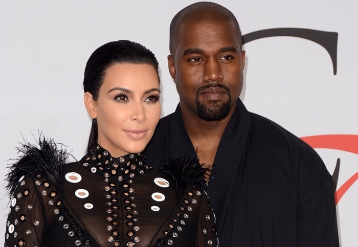 Kim Kardashian in a sheer dress with Kanye West at the 2015 CFDA Fashion Awards held at Alice Tully Hall at Lincoln Center in New York City on June 1, 2015