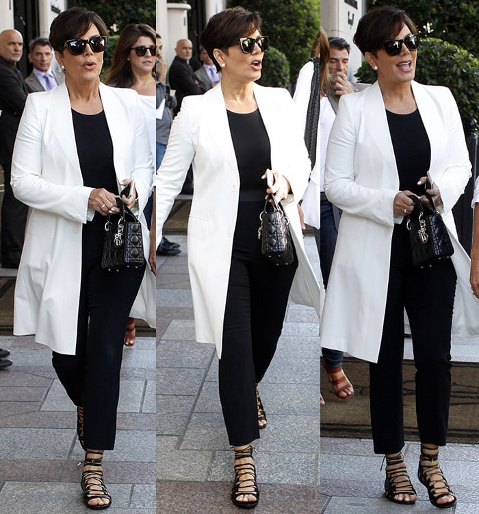 Kris Jenner wears a conservative monochrome ensemble in Paris