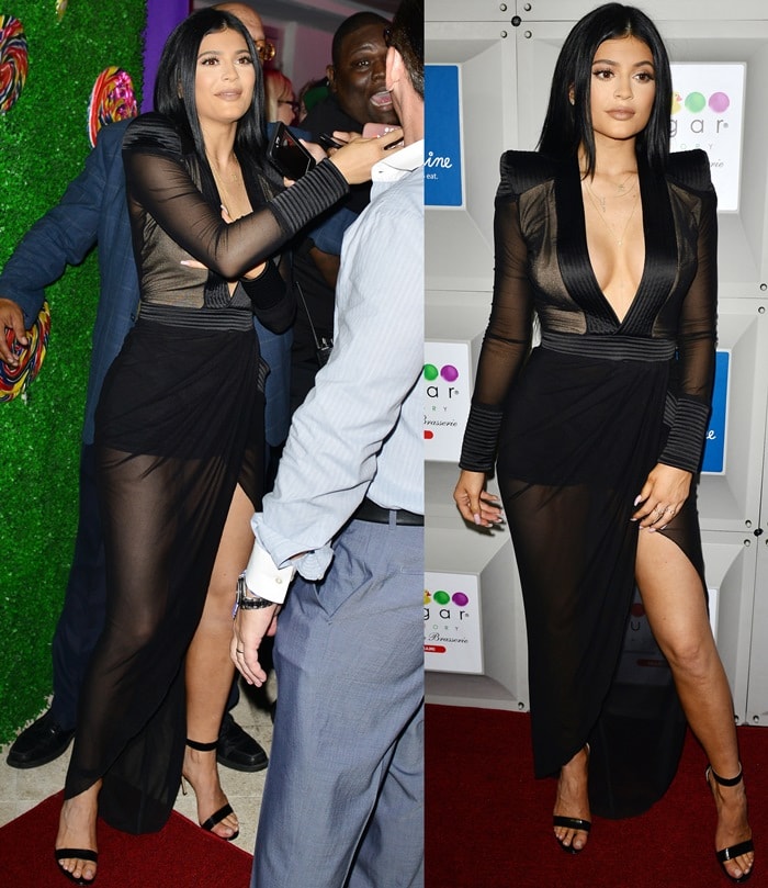 Kylie Jenner donned a full-length stretch sequin “Eye of Horus” dress