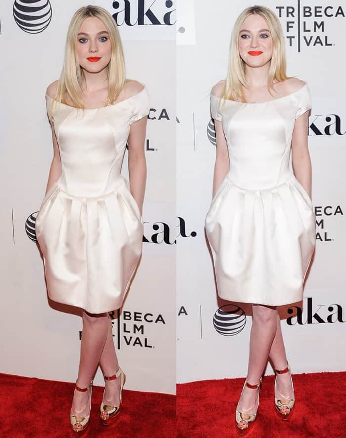 Dakota Fanning looked lovely in a white spring dress from Zac Posen