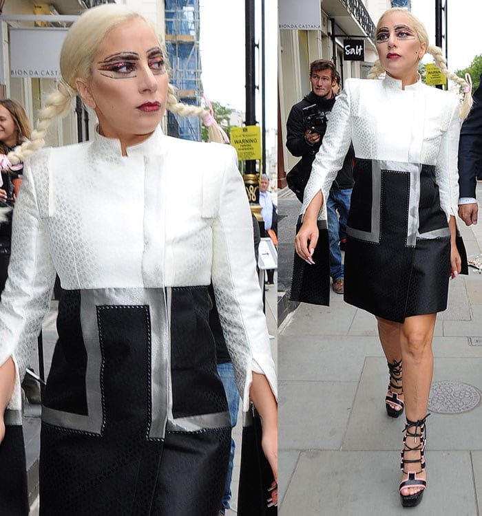 Lady Gaga wearing Pippy Longstocking plaits while leaving The Langham Hotel in London, England, on June 10, 2015