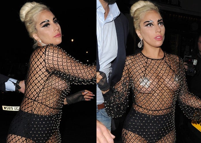 Lady Gaga accessorized her see-through mesh dress with shimmering star-shaped nipple pasties, a dramatic high bun hairstyle, and theatrical, winged black eyebrows for a striking avant-garde look