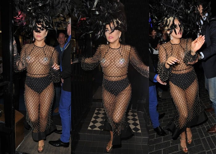 To replicate Lady Gaga’s daring look, layer a crystal-embellished fishnet dress over high-waisted black briefs and star-shaped pasties, and finish with statement heels and a dramatic feathered headpiece