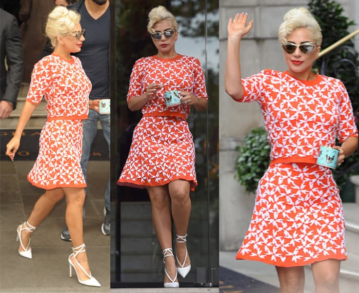 Lady Gaga leaving her hotel in a red patterned dress, holding a cup of tea in London on June 9, 2015