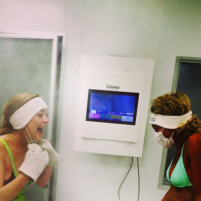 Lindsay Lohan seemingly enjoying a freezing cold chamber meant to reduce inflammation and pain