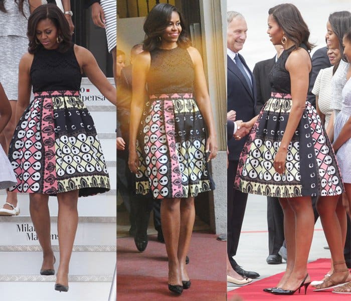 Michelle Obama in a fitted black top and a playful yellow-and-pink skirt by Duro Olowu in Italy