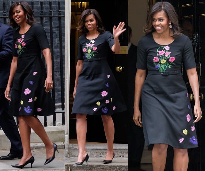 Michelle Obama had tea with the Camerons in a custom Pre-Fall 2015 floral embroidered dress by Christopher Kane