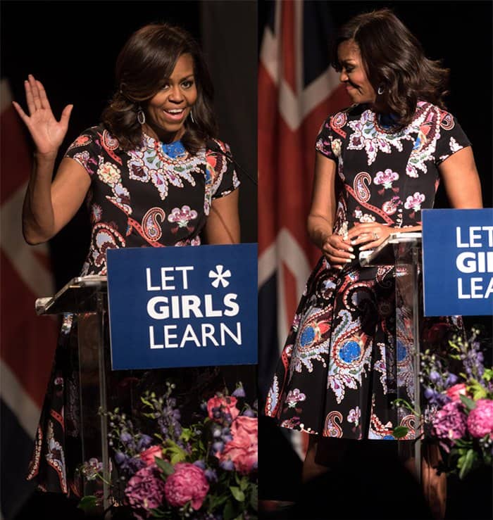 Michelle Obama in a paisley print midi by London-based designer Mary Katranzou visited Mulberry School for Girls in East London