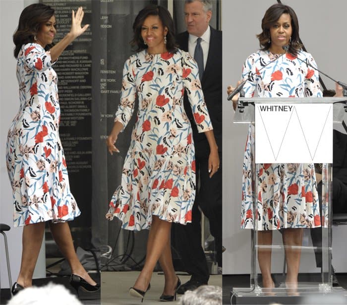 Michelle Obama in a boldly printed dress from Thakoon's resort collection at the ribbon cutting ceremony of the Whitney Museum's new location in New York City
