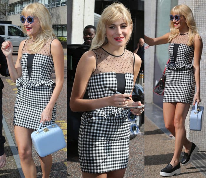 Pixie Lott flaunted her curves in a peplum gingham dress with a pencil skirt