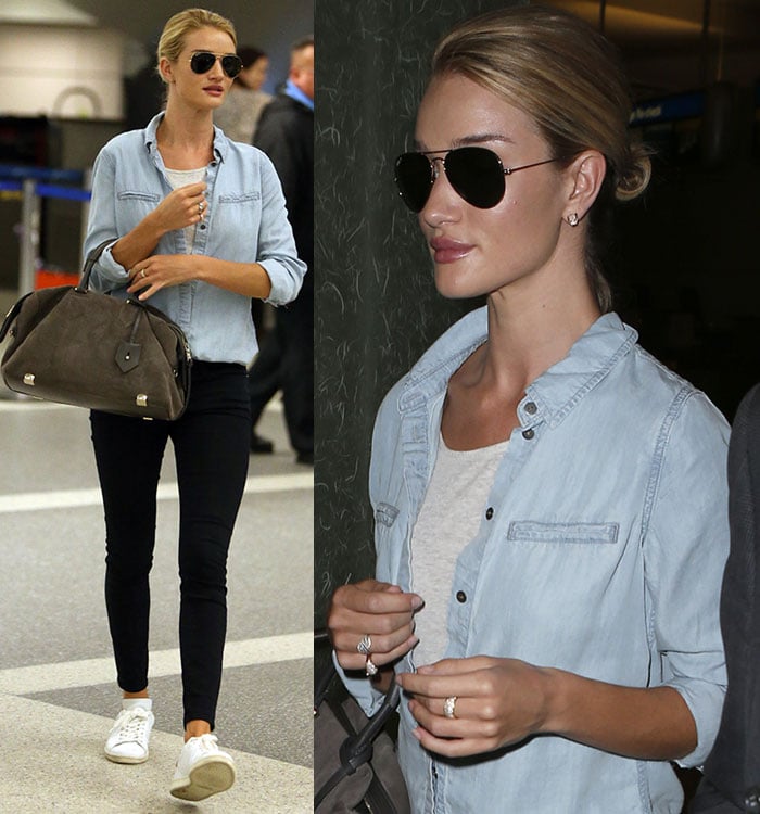 Rosie Huntington Whiteley pulled her blonde hair up into an effortless bun