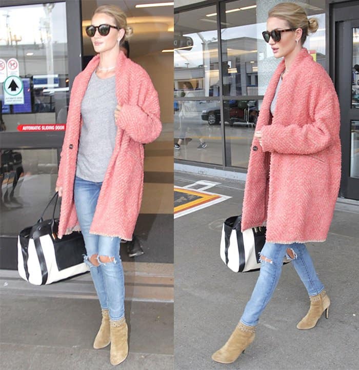 Rosie Huntington-Whiteley makes a stylish arrival at LAX in Paige Denim 'Skyline' ankle peg jeans