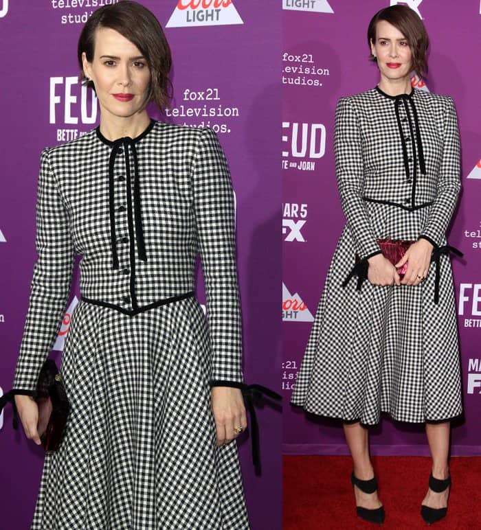 Sarah Paulson in a black & white checkered print Valentino dress