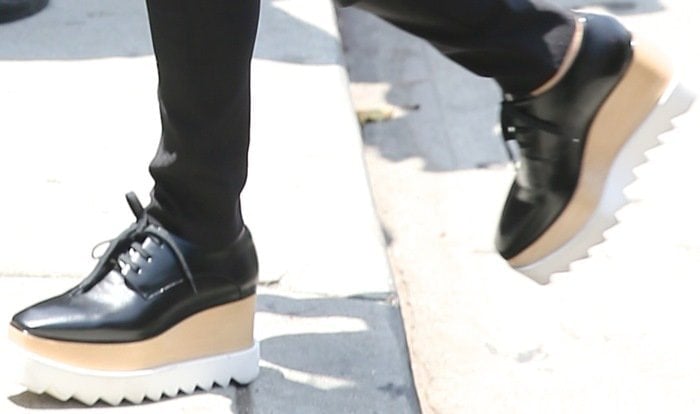 A close-up of the detailing of the Stella McCartney "Elyse" shoes Khloé Kardashian wore to film in