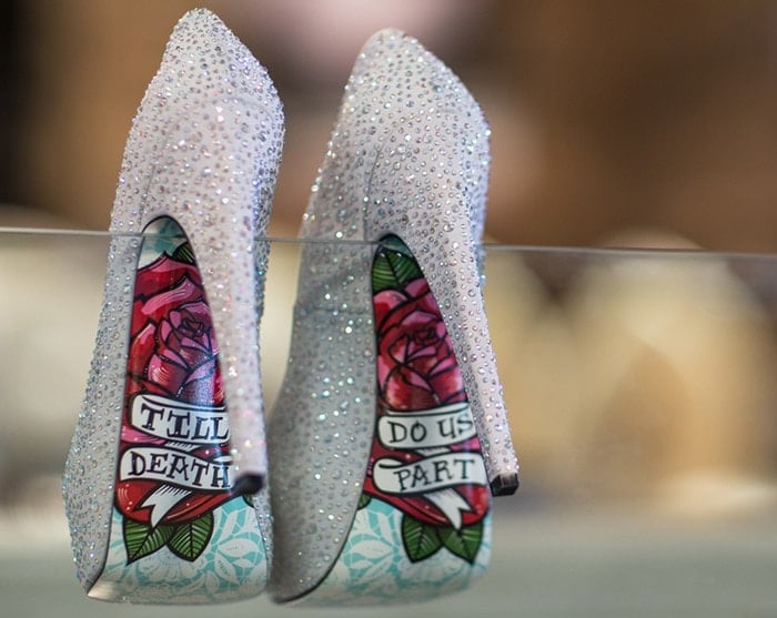 This eye-catching pump in silver commands attention with its sparkling rhinestones; a bold 6-inch heel, a practical 1-inch platform, and a sole that showcases a colorful floral design along with the promise Till Death Do Us Part