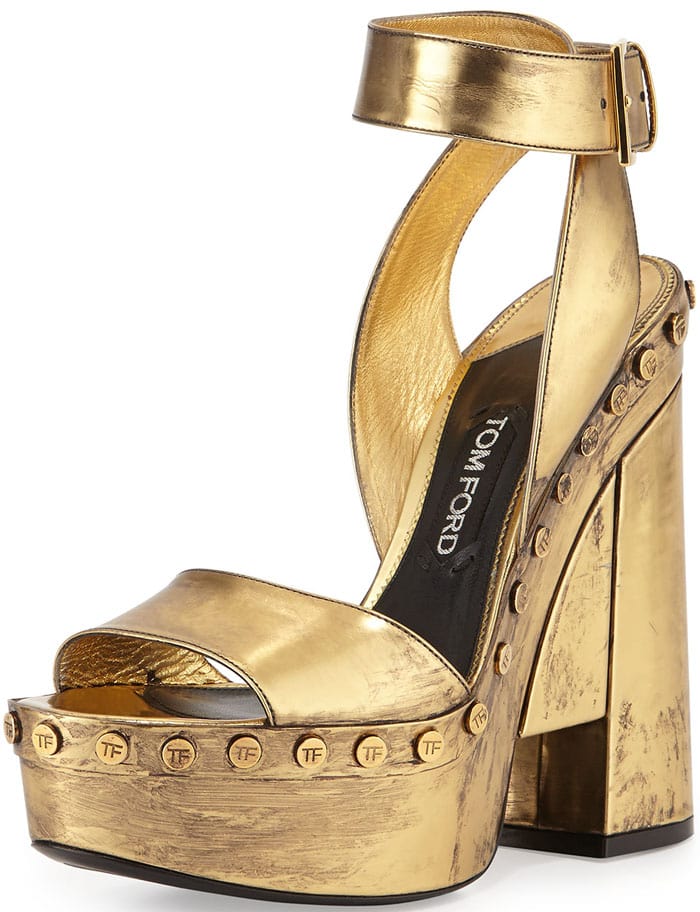 Tom Ford Metallic Ankle-Wrap Platform Sandal in Gold